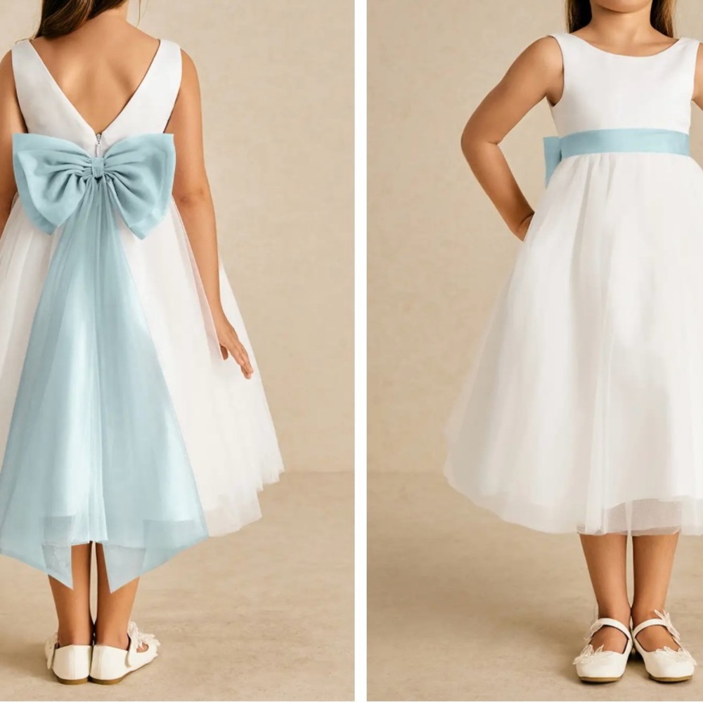 Azazie Mist and White Sleeveless V-Neck A-Line Flower Girl Dress
